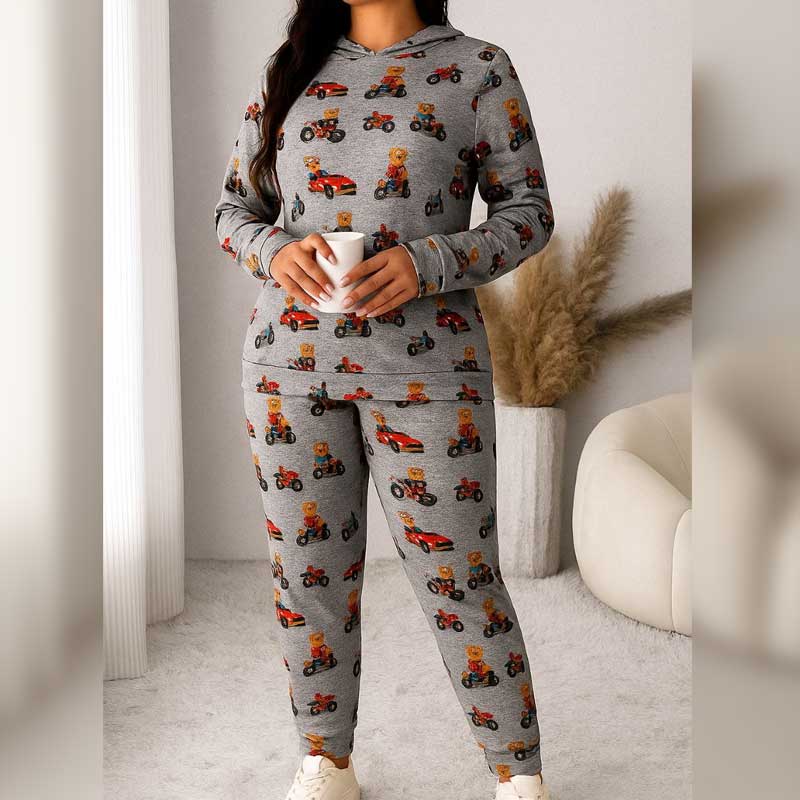 ست هودی و شلوار جنس مخمل آینه ای طرح دار فری سایز